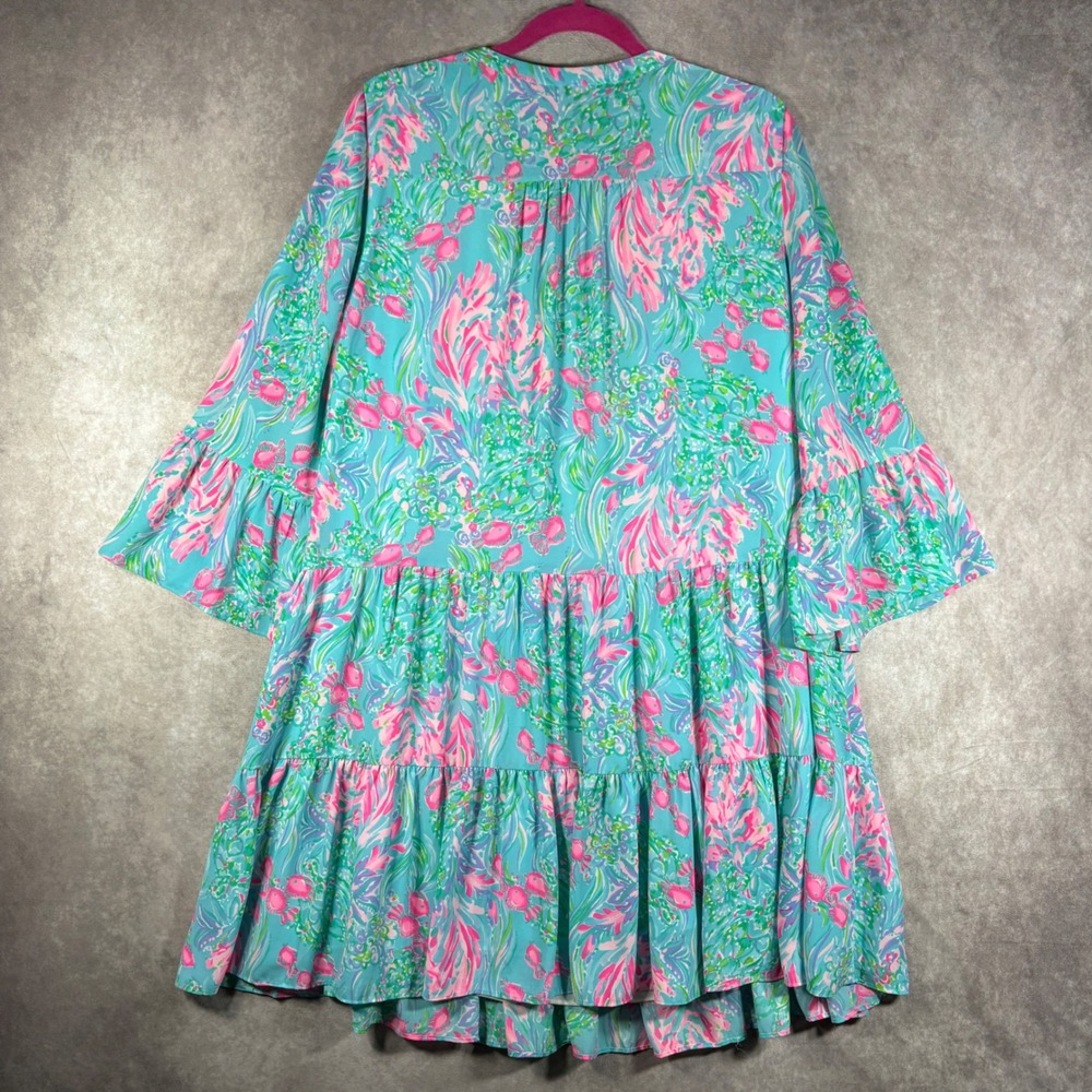 Lilly Pulitzer Gabriel Dress Womens 14 Blue Green Floral Tiered Ruffle Resort - Picture 5 of 10